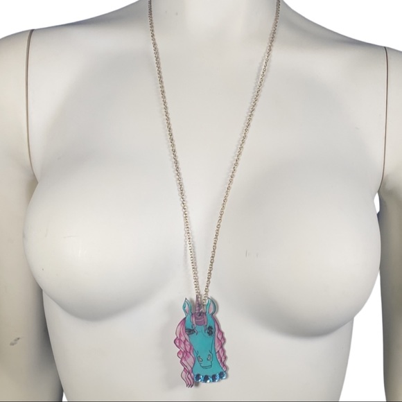 Angry working blue unicorn with rhinestones and pink hair handcrafted pendant - Picture 2 of 3